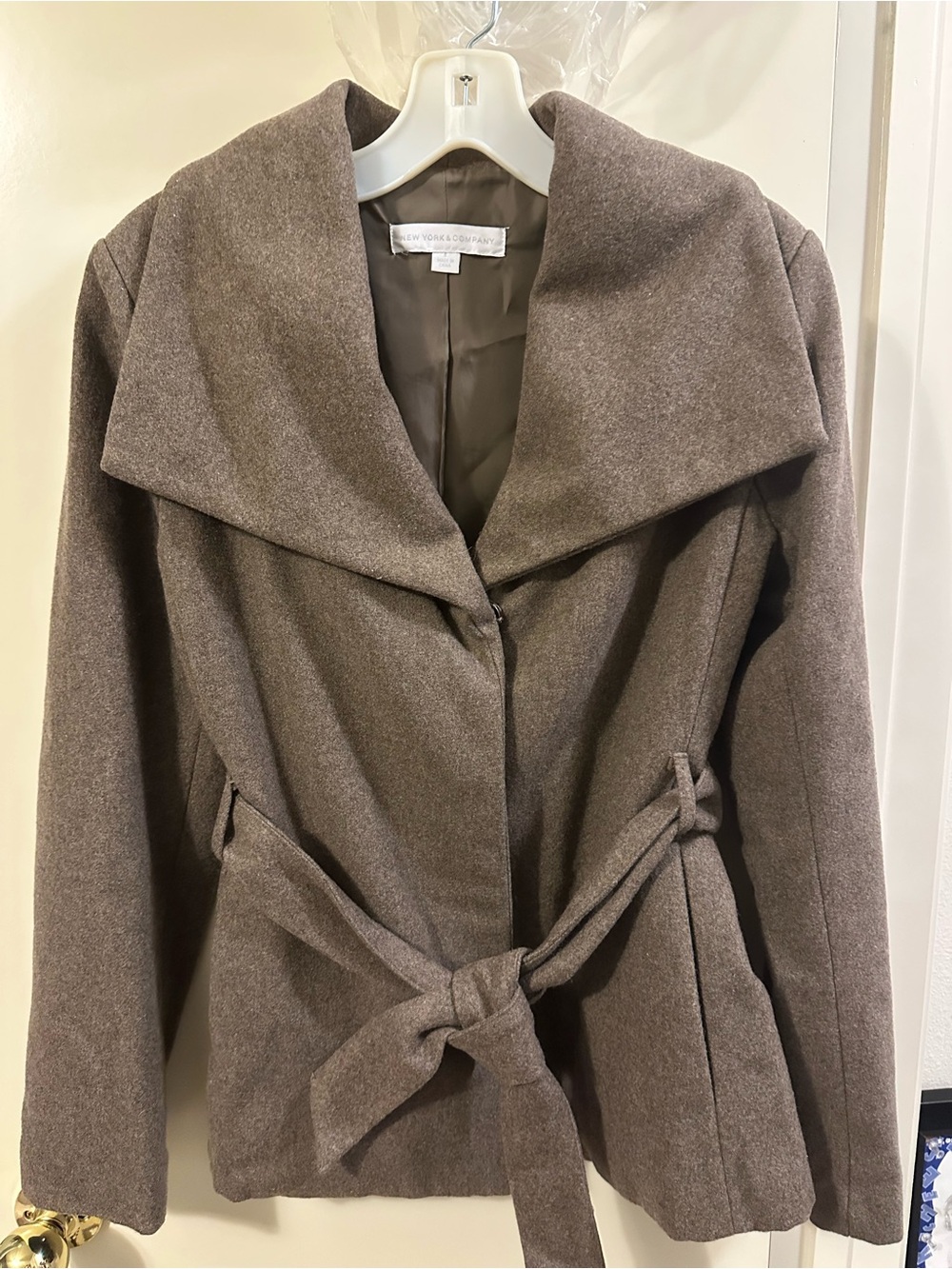 New York & Company Taupe Belted Shawl Collar Pea Coat